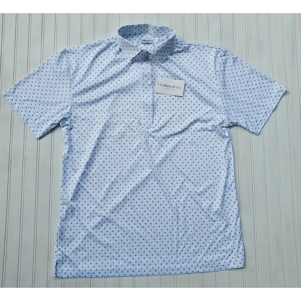 Collars & Co Mens Dress Collar Polo Shirt White Blue Diamond Print Large NWT